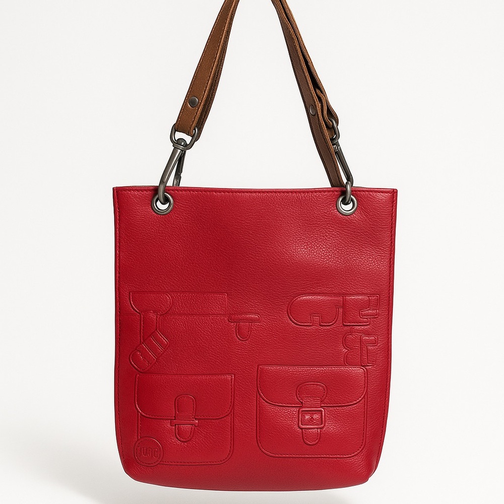 Vintage Barbara Rihl Paris Pebbled Red and Pink Leather Embossed Shoulder Bag